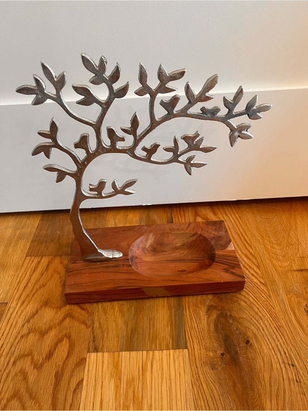 Metal Tree Jewelry Stand with Wooden Base - Silver and Brown